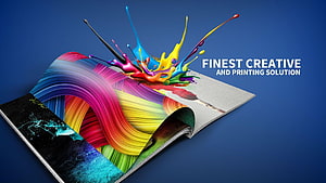 Vibrant Colorful Ink Splashes Bursting from Open Magazine on Blue Background HD wallpaper
