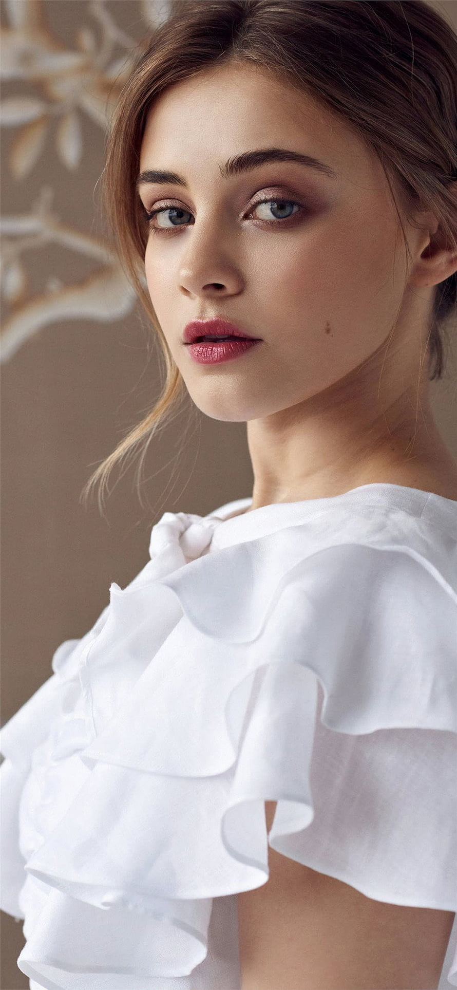 Josephine Langford Portrait in White Ruffled Top with Soft Studio Lighting HD phone wallpaper