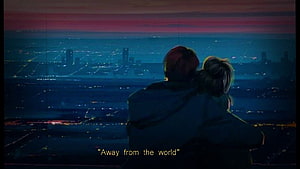 Couple Embracing Over a Glowing City at Dusk in a Lofi Aesthetic HD wallpaper