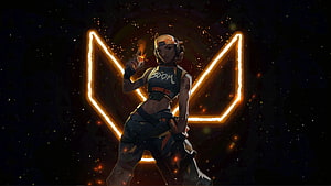 Raze from Valorant in a dynamic pose with glowing neon emblem and fiery sparks against a dark cosmic background HD wallpaper