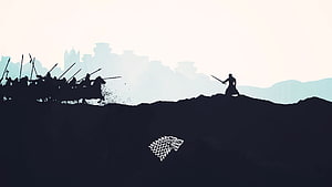 Game of Thrones Stark Direwolf Sigil with Silhouetted Knight and Cavalry Charge HD wallpaper