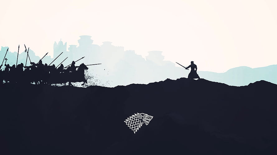 Game of Thrones Stark Direwolf Sigil with Silhouetted Knight and Cavalry Charge HD wallpaper