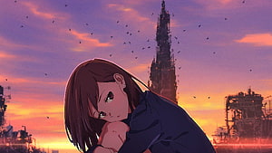 Melancholic Anime Girl Resting Against Ruined Tower at Sunset HD wallpaper