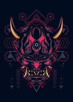 Hannya Mask Geometric Vector Art with Neon Red and Gold Horns on Dark Background HD phone wallpaper