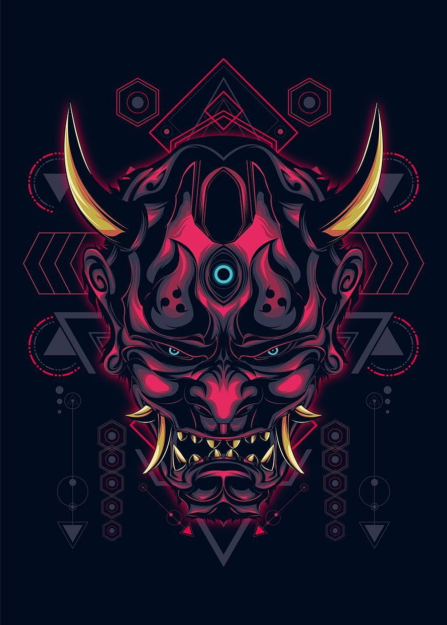 Hannya Mask Geometric Vector Art with Neon Red and Gold Horns on Dark Background HD phone wallpaper