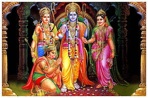 Ram Sita Hanuman and Lakshman in ornate traditional Indian temple setting HD wallpaper