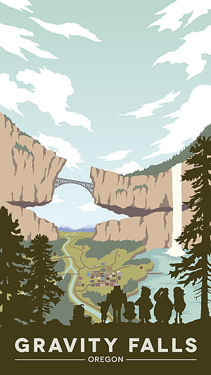 Gravity Falls Oregon Illustrated Travel Poster with Silhouetted Characters and Canyon Scenery HD phone wallpaper
