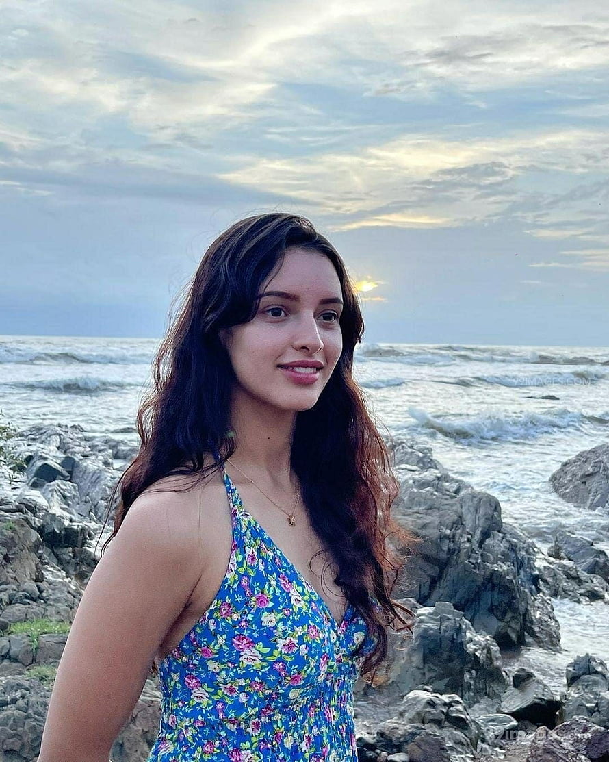 Tripti Dimri in a blue floral dress standing on a rocky shoreline at sunset HD phone wallpaper
