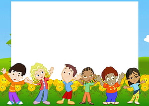 Cheerful Diverse Cartoon Children Waving in a Sunny Flower Field HD wallpaper