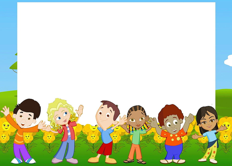 Cheerful Diverse Cartoon Children Waving in a Sunny Flower Field HD wallpaper
