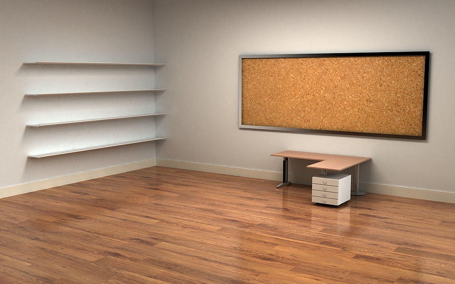 Minimalist Office Interior With Cork Board, Floating Shelves, and Hardwood Flooring HD wallpaper