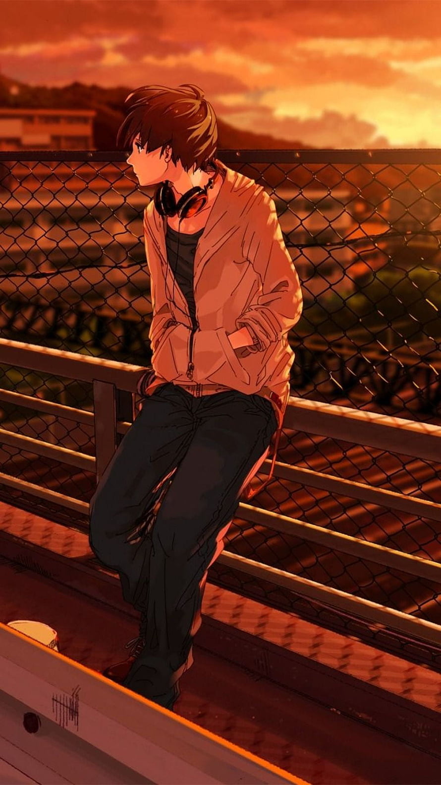 Anime Boy Leaning on Fence at Sunset with Headphones Around Neck HD phone wallpaper