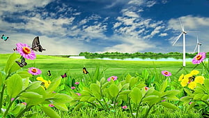 Vibrant Green Meadow with Colorful Flowers, Butterflies, and Wind Turbines Under a Blue Sky HD wallpaper