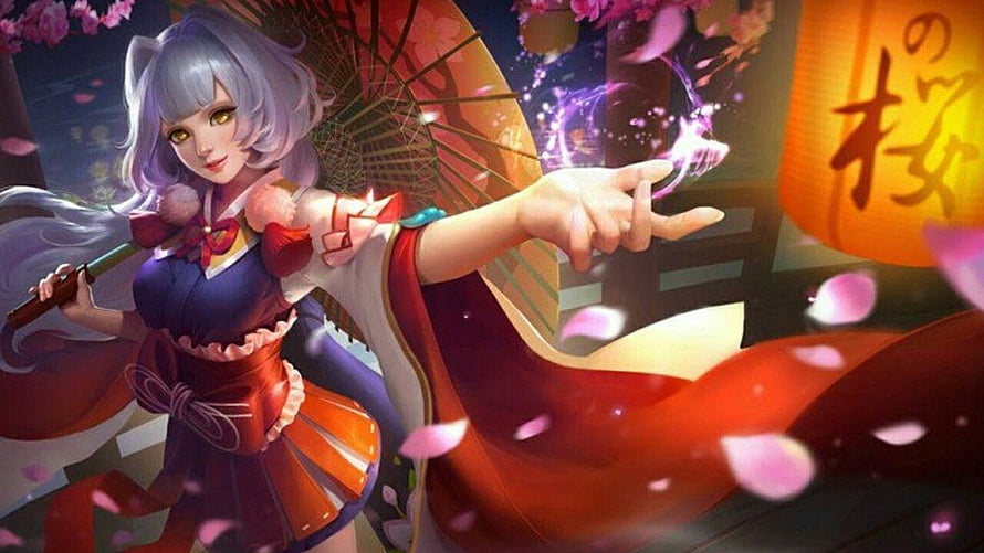 Kagura Cherry Witch Anime Character in Traditional Japanese Attire with Parasol and Cherry Blossoms HD wallpaper