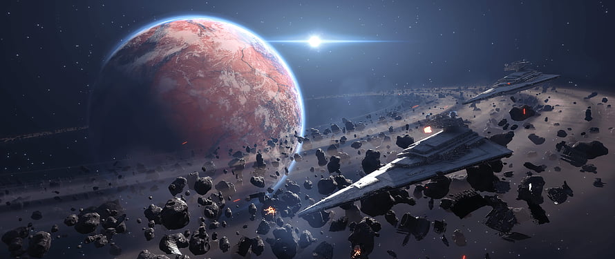 Star Wars Star Destroyers Navigating Asteroid Field Near Red Planet HD wallpaper