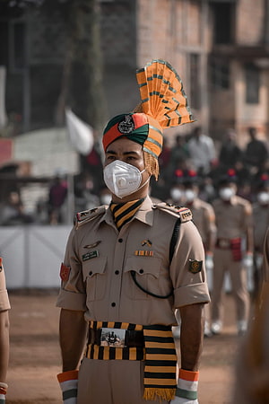 Indian Police Officer in Ceremonial Uniform with Turban and Face Mask HD phone wallpaper
