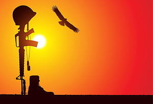 Soldier Silhouette with Rifle and Helmet at Sunset with Eagle in Flight HD wallpaper