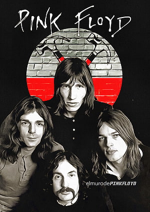 Pink Floyd Classic Rock Band Portrait with Brick Wall and Red Accent Artwork HD phone wallpaper