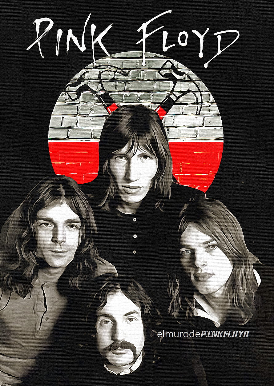 Pink Floyd Classic Rock Band Portrait with Brick Wall and Red Accent Artwork HD phone wallpaper