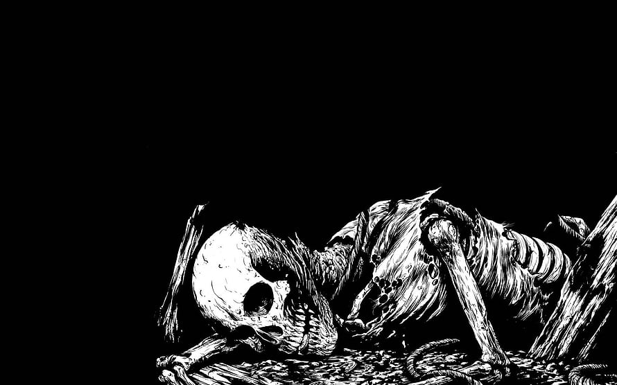 Grim Black and White Skeleton Illustration on Dark Background HD wallpaper