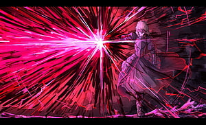 Saber Alter unleashing crimson energy burst in dramatic anime illustration HD wallpaper