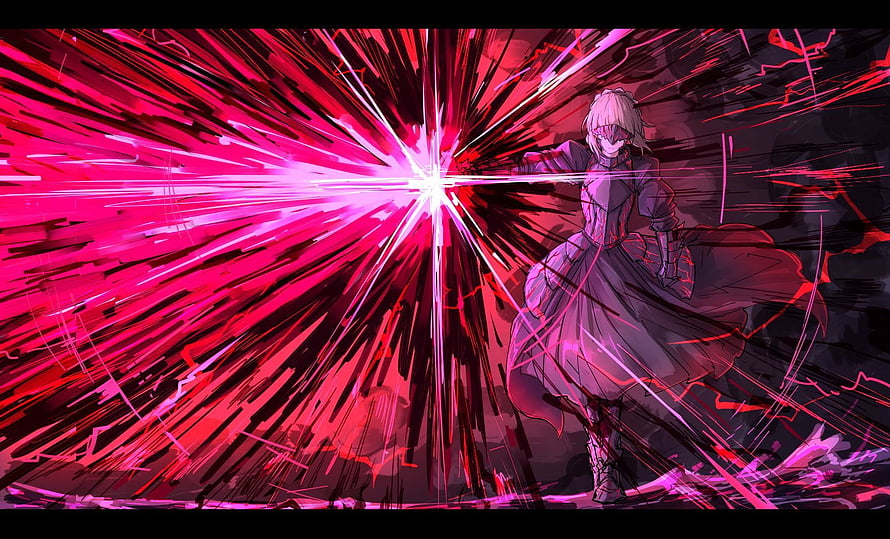 Saber Alter unleashing crimson energy burst in dramatic anime illustration HD wallpaper