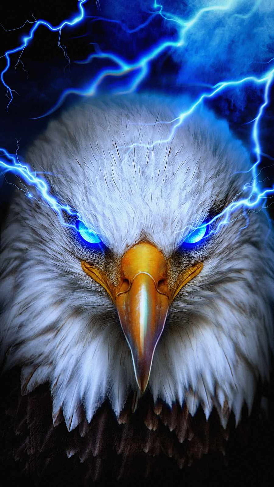 Electric Eagle Portrait with Glowing Blue Eyes and Lightning Storm HD phone wallpaper