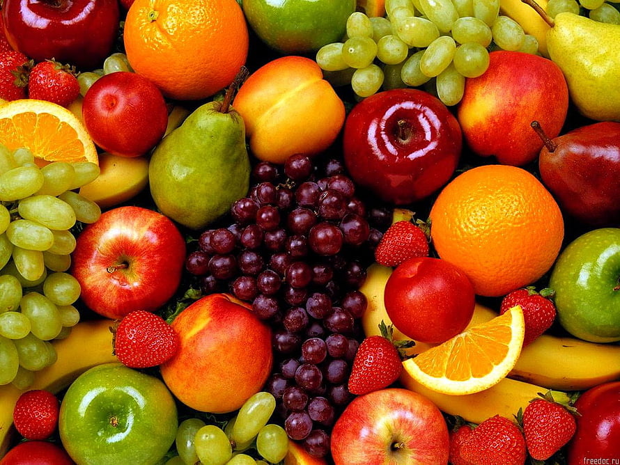 Vibrant Fresh Fruit Arrangement with Apples, Oranges, Grapes, and Bananas HD wallpaper
