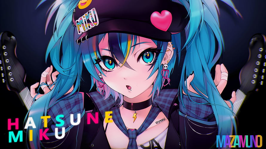 Hatsune Miku Anime Girl with Blue Twin Tails and Black Cap HD wallpaper