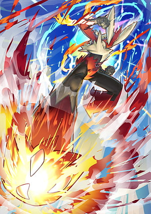 Mega Blaziken Unleashing Fiery Energy in Dynamic Anime Style HD phone wallpaper