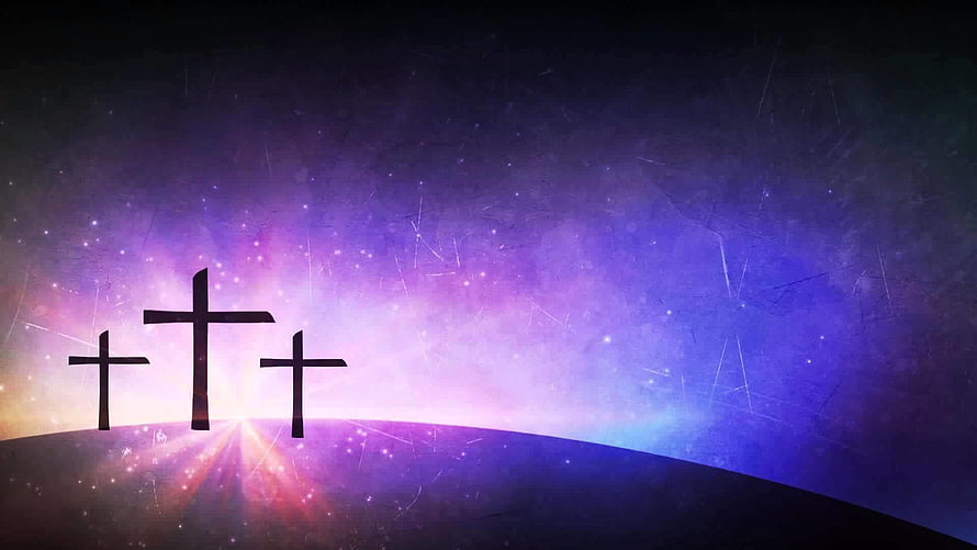 Three Silhouetted Crosses on a Hilltop Against a Vibrant Purple and Pink Starry Sky HD wallpaper