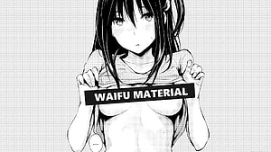 Black and White Manga Girl Holding Waifu Material Sign HD wallpaper