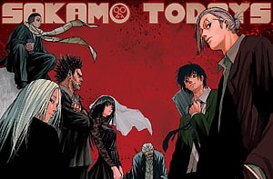 Sakamoto Days Anime Ensemble Cast Poster With Red Background HD wallpaper