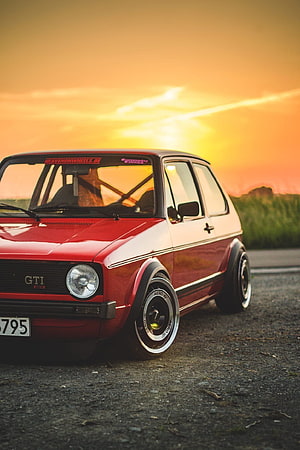 Red VW Golf Mk1 GTI Stance Build at Golden Hour Sunset HD phone wallpaper