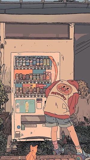 Retro 90s Anime Style Illustration of a Character at a Vending Machine with a Cat HD phone wallpaper