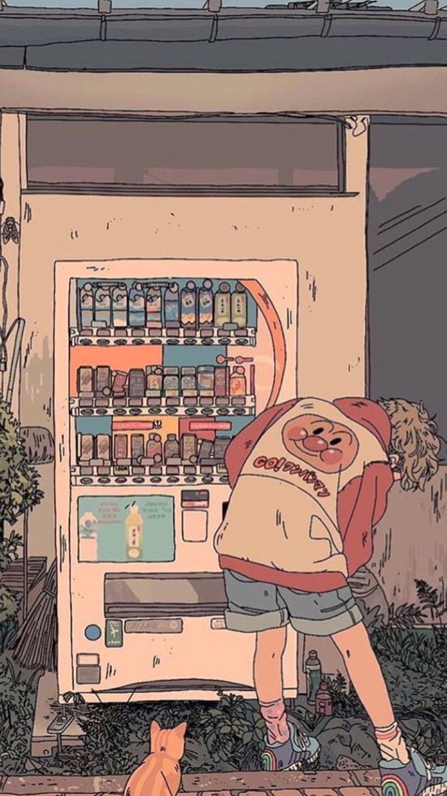 Retro 90s Anime Style Illustration of a Character at a Vending Machine with a Cat HD phone wallpaper
