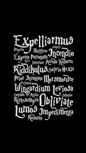 Harry Potter Spells Typography Poster with Black Background and White Gothic Lettering HD phone wallpaper