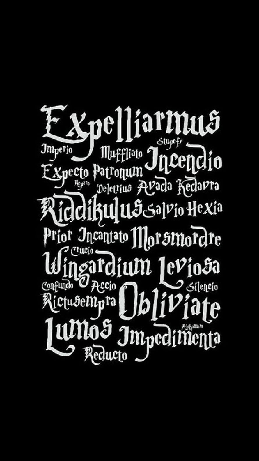 Harry Potter Spells Typography Poster with Black Background and White Gothic Lettering HD phone wallpaper