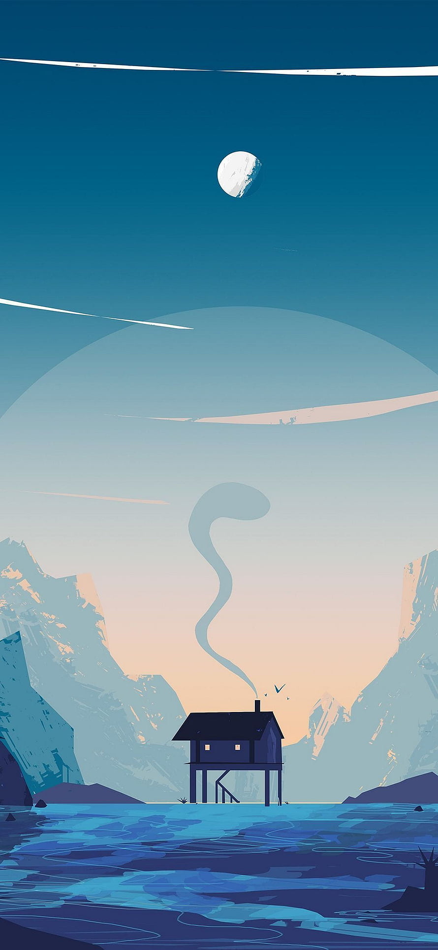 Minimalist Cabin on Stilts in Mountain Valley with Moon and Smoke HD phone wallpaper