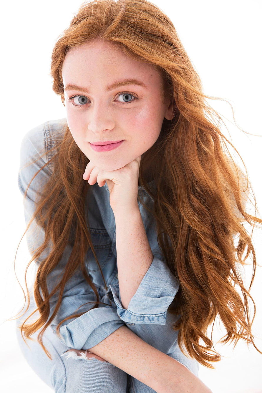 Sadie Sink Portrait in Denim Jacket with Long Red Hair HD phone wallpaper
