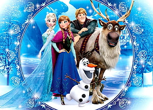 Frozen Characters Elsa Anna Kristoff Sven and Olaf in Winter Wonderland HD wallpaper