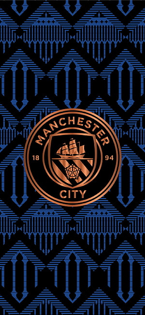 Manchester City FC Crest on Dark Blue Geometric Pattern Background HD phone wallpaper