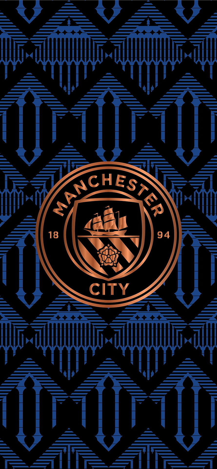 Manchester City FC Crest on Dark Blue Geometric Pattern Background HD phone wallpaper
