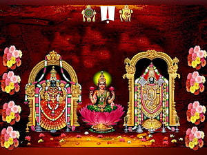 Lord Balaji, Goddess Lakshmi, and Padmavathi Devi in ornate golden shrines with lotus flowers HD wallpaper