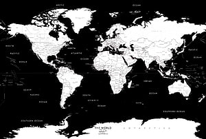 Monochrome World Political Map with Detailed Country Borders and Ocean Labels HD wallpaper