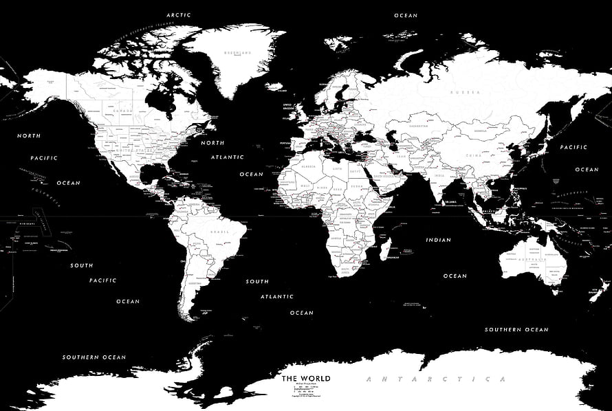 Monochrome World Political Map with Detailed Country Borders and Ocean Labels HD wallpaper
