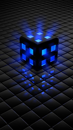 Glowing Blue LED Cube on Dark Reflective Grid Surface HD phone wallpaper