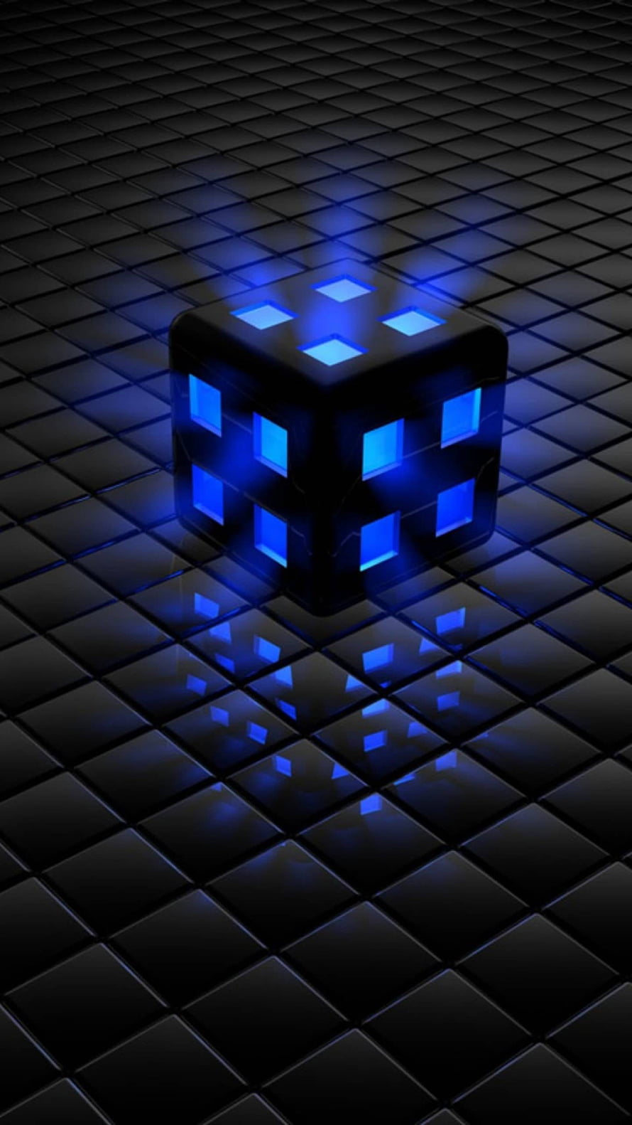 Glowing Blue LED Cube on Dark Reflective Grid Surface HD phone wallpaper