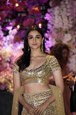 Alia Bhatt in Gold Embellished Lehenga Choli at Floral Event HD phone wallpaper