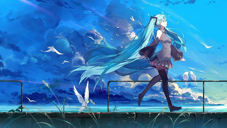 Hatsune Miku Running Along a Coastal Promenade with Swirling Blue Hair and Doves in the Wind HD wallpaper